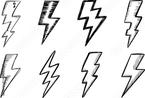 Collection of hand-drawn black lightning bolt white background, symbol energy power