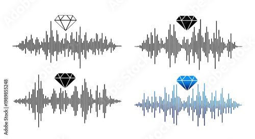 Minimalist audio soundwave vector set with diamond icons, digital music frequency equalizer waves, modern sound recording level visualization