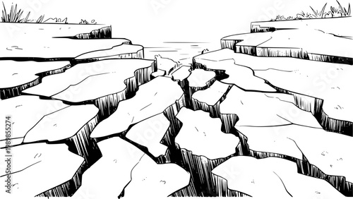 Cracked ice floes with water channel and distant shoreline, hand-drawn style