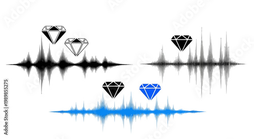 Abstract audio wave vector set with diamond icons, digital sound frequency equalizer bars, blue and black music signal visualization collection