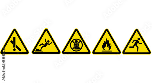 Yellow safety warning signs set, industrial hazard caution icons, emergency exit and fire danger symbols, 5 vector alert illustrations