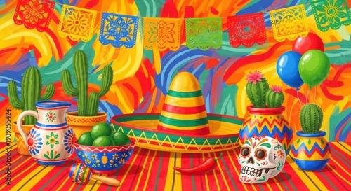 Colorful mexican fiesta decoration with sombrero and cacti