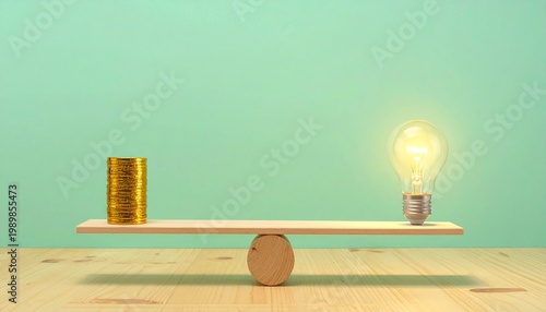 Wooden balance scale weighing coins against glowing light bulb
