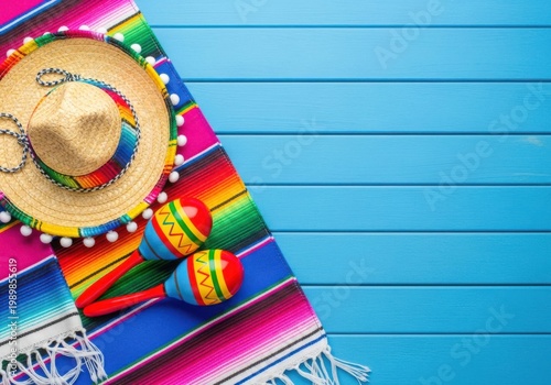Colorful sombrero and maracas on vibrant striped blanket