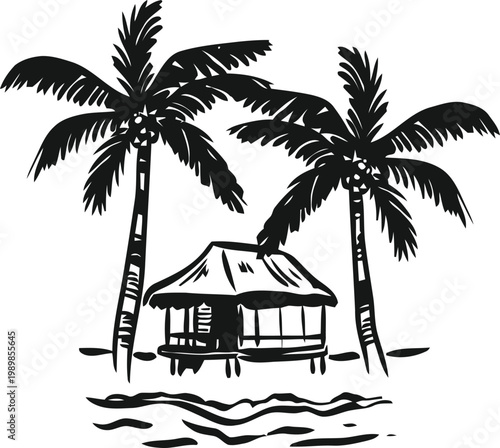 Tropical island hut sketch palm trees and beachside retreat