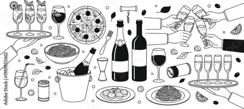 Elegant black and white illustration of a lavish dinner table setting