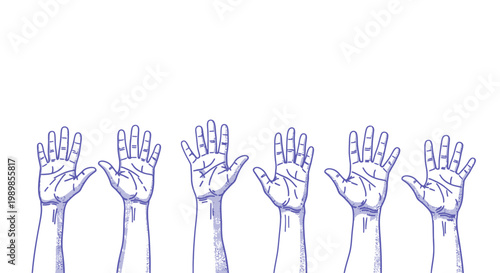Hand drawn raised hands vector illustration, blue ink sketch of people voting or volunteering, community participation and teamwork concept art