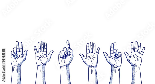 Hand drawn blue ink sketch of raised hands, human arms reaching up in voting or volunteer gesture, group of diverse hand signals vector illustration