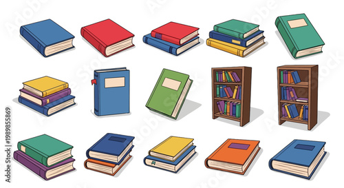 Colorful book collection vector set, isometric library bookshelves and textbook stacks, academic literature and educational reading icons