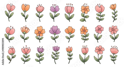Hand drawn watercolor flower set, 24 floral icons with pink and orange blossoms, botanical garden elements for wedding invitations and greeting cards