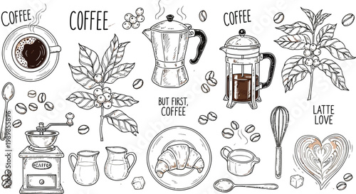 Vintage coffee and tea collection an artistic sketchbook page