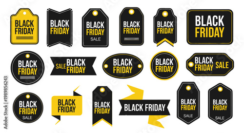 Black Friday sale tags collection, 17 vector discount labels in yellow and black, promotional price stickers for retail marketing and e-commerce