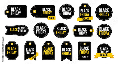 Black Friday sale tags collection, set of 16 vintage black and yellow price labels, grunge textured promotional stickers for retail marketing
