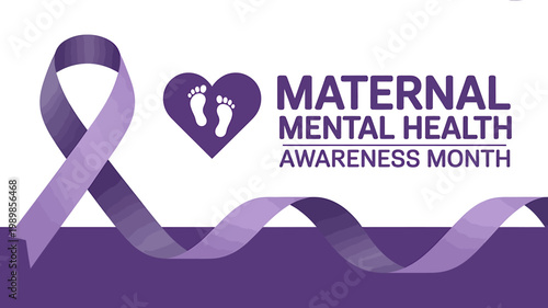 Maternal mental health awareness month purple ribbon heart and text on white background