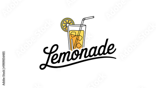 Glass of refreshing lemonade with straw and lemon slice on transparent background