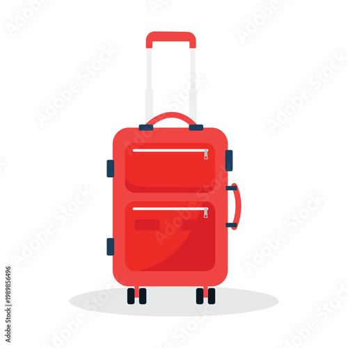Red travel suitcase with wheels flat design luggage illustration