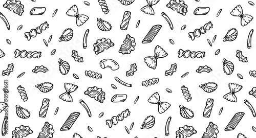 Intricate black and white pattern of various pasta shapes