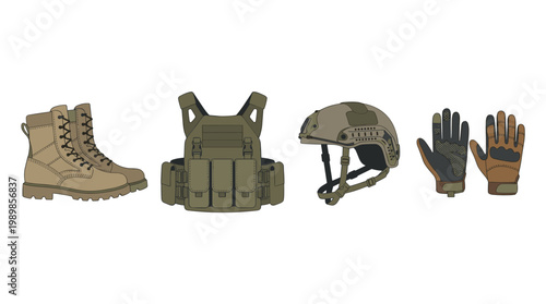 Tactical Military Equipment Set: Combat Boots, Plate Carrier Vest, Ballistic Helmet, and Protective Gloves
