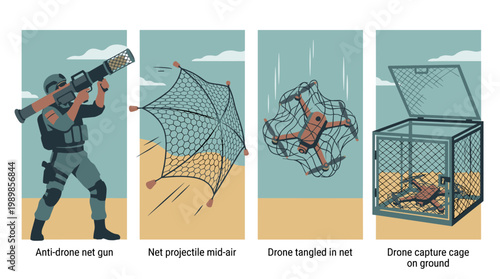 Anti-drone defense system vector icons: net launcher, projectile, and captured quadcopter equipment set