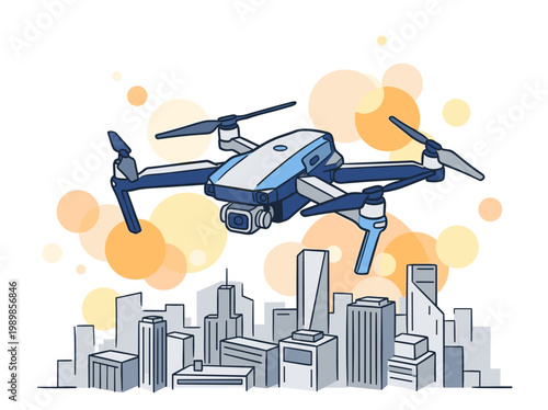Drone: Modern quadcopter flying over urban city skyline, hand-drawn cinematic bokeh background illustration.