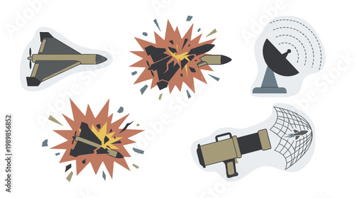 Military drone defense vector icons: kamikaze uav, impact explosion, radar dish, and net launcher.