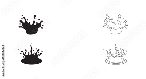 Collection of water splash icons in solid black and outline styles, depicting drops and liquid movement.
