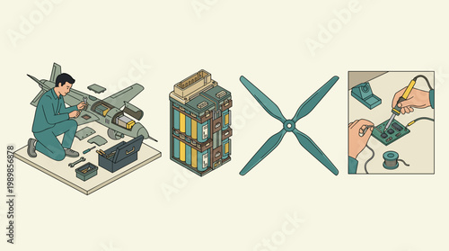 Military drone repair vector set: technician workshop, battery, rotor blades, and soldering scene