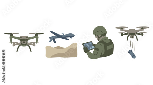 Military drone technology set: quadcopter, reconnaissance flight, operator, and tactical payload delivery illustrations