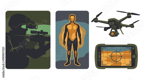 Military night vision and thermal imaging vector set: soldier, drone, and infrared monitoring screen