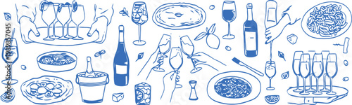 Blue line art still life culinary and beverage items on a white background