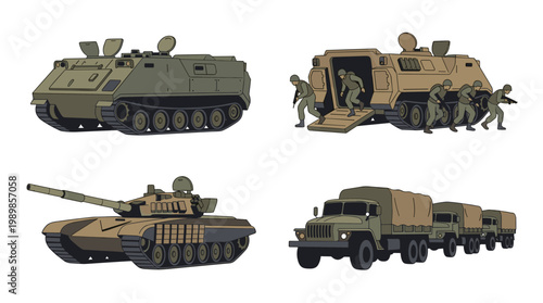 Military armored vehicle vector set: tank, APC, and truck convoy illustrations isolated on white