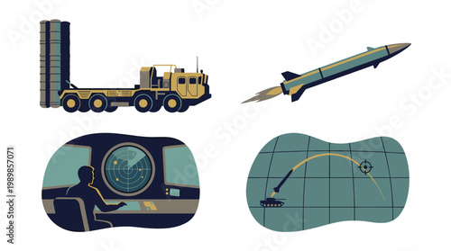 Missile defense system vector set: mobile launcher, flying missile, radar operator, and tracking map.