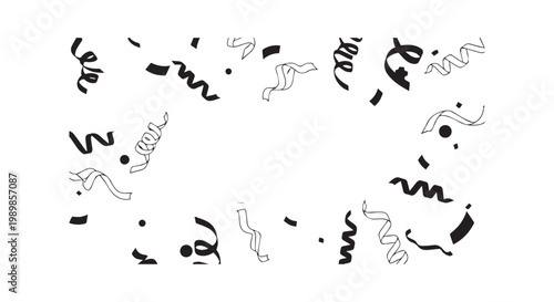 Confetti and streamers scattered across white background, creating festive border for celebration or party design.