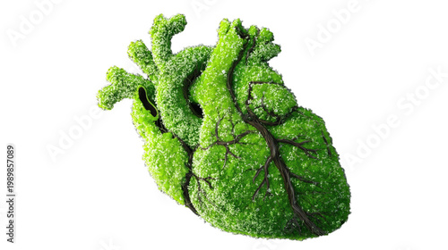 Vibrant Green Heart Covered in Moss or Foliage with Visible Arteries isolated on transparent background PNG element