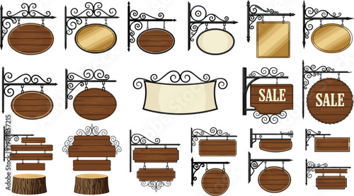 Vintage wooden hanging signboards collection with elegant wrought iron brackets for shops, cafes, boutiques, rustic outdoor street signage, sale boards, and decorative labels on white background.