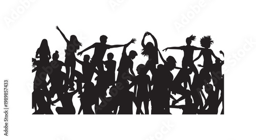 Crowd of people dancing and celebrating in silhouette for music festival events and active party atmosphere demonstrations.