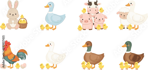Large collection of cute hand drawn farm animals including ducks chickens cows pigs and sheep in a charming pastel cartoon vector style for children illustrations.