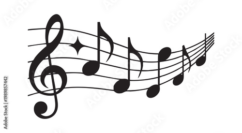 Music notes on curved staff vector, musical stave with black symbols of sound on white background.