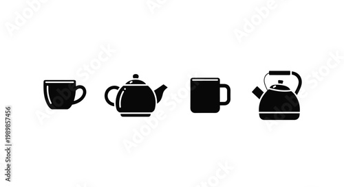 Black Tea Kettle and Cups Icons.