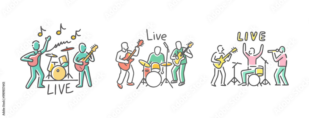 Fototapeta premium Hand drawn live music band icons, sketch rock concert musicians, 3 vector band sets