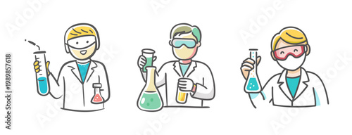 Cartoon scientist characters, laboratory researchers with flasks, science vector set