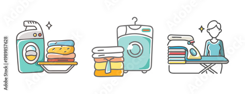 Laundry service icons set, washing machine and ironing, clean folded clothes vector