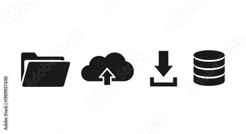 Data storage icons show cloud upload to database