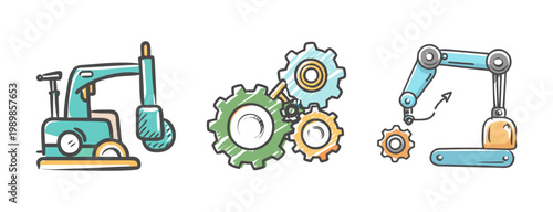 Industrial robotic arm icons, mechanical gear set, factory automation vector elements