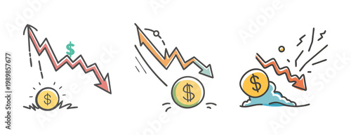 Financial crisis doodle set, falling market arrow and dollar coin, economic recession