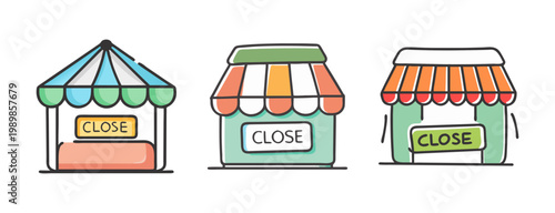 Hand drawn shop icons, closed store front vector set, colorful market stall illustrations