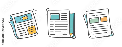 Doodle newspaper icons, hand drawn news paper set, daily press journal vector elements