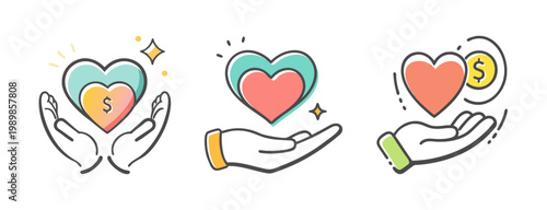Charity donation icons, hands holding hearts with money, non-profit funding vector set