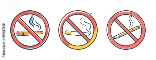 No smoking sign set, 3 prohibition icons, cigarette and cigar forbidden symbols