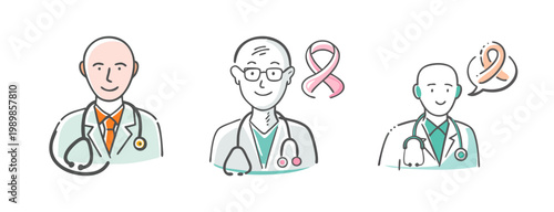 Oncology doctor icons with pink ribbon, cancer awareness medical staff, vector set